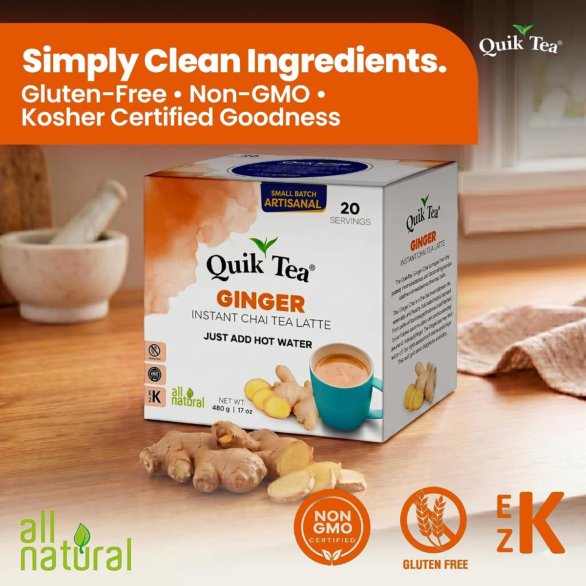 QuikTea Instant Chai Tea Latte Mix, Ginger, 20 Sachets