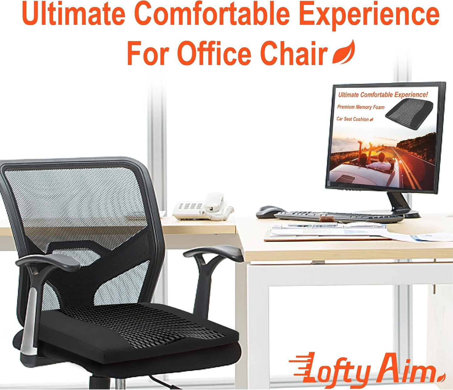 Lofty Aim Car Seat Cushion, Comfort Memory Foam Car Cushions for Driving - Sciatica & Lower Back Pain Relief, Driver Seat Pillow for Auto, Office Chair, Wheelchair - Black