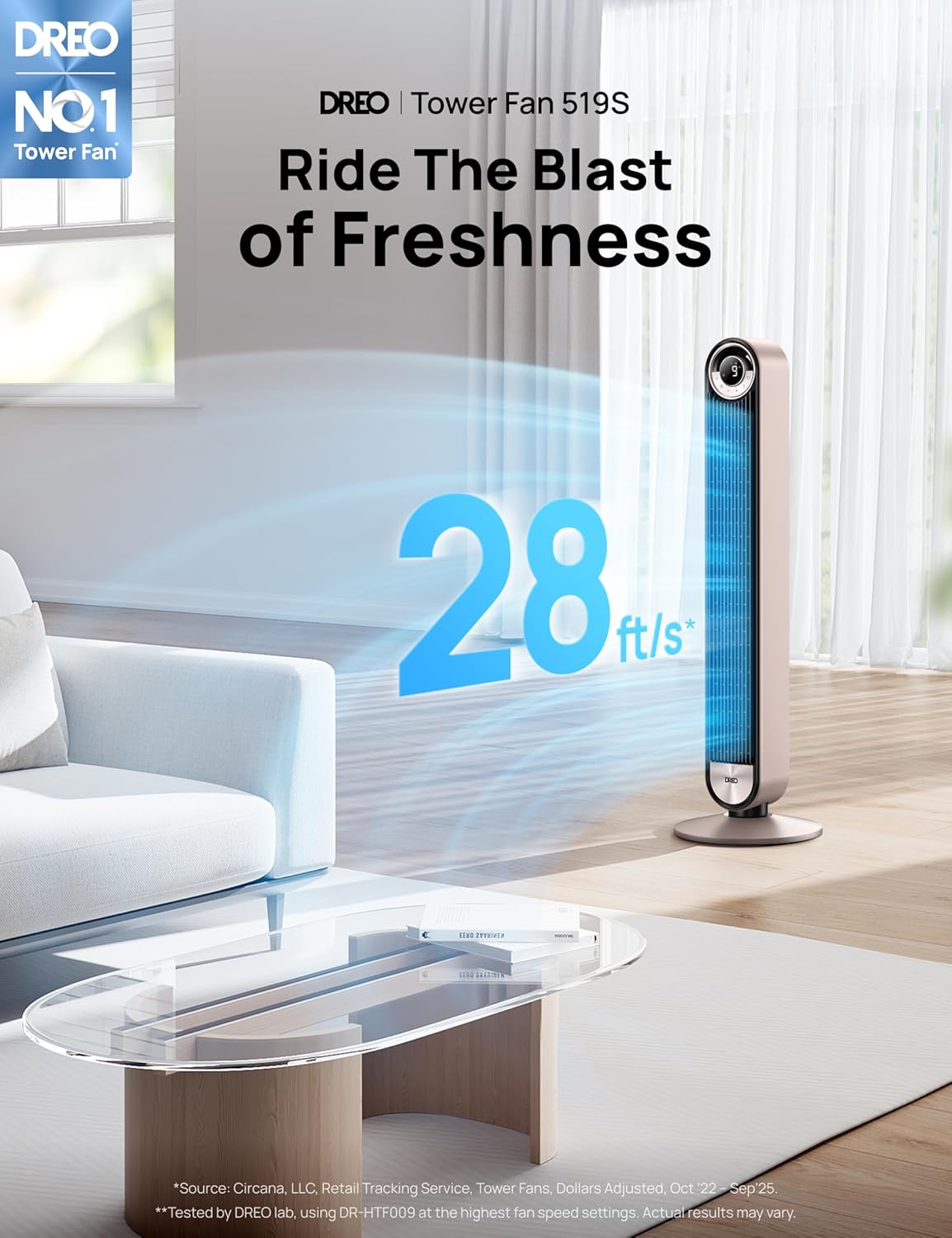 DREO Tower Fan for Bedroom, Upgraded DC 9 Speeds 20dB Ultra-Quiet Floor Fan, 90° Oscillating Fans with 28ft/s Velocity, 12H Timer, Standing Fan, Bladeless Fan Powerful for Home, Black