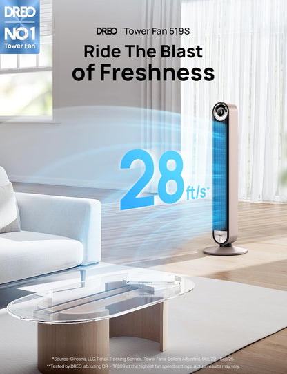 DREO Tower Fan for Bedroom, Upgraded DC 9 Speeds 20dB Ultra-Quiet Floor Fan, 90° Oscillating Fans with 28ft/s Velocity, 12H Timer, Standing Fan, Bladeless Fan Powerful for Home, Black