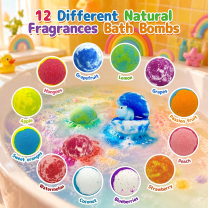 Bath Bombs for Kids with Surprise Toys Inside, 12 Pack Natural Bubble Bath Fizzy Gift Set for Girls Boys Organic,Kids Safe Halloween Birthday Christmas and Party Favor Stocking Stuffers