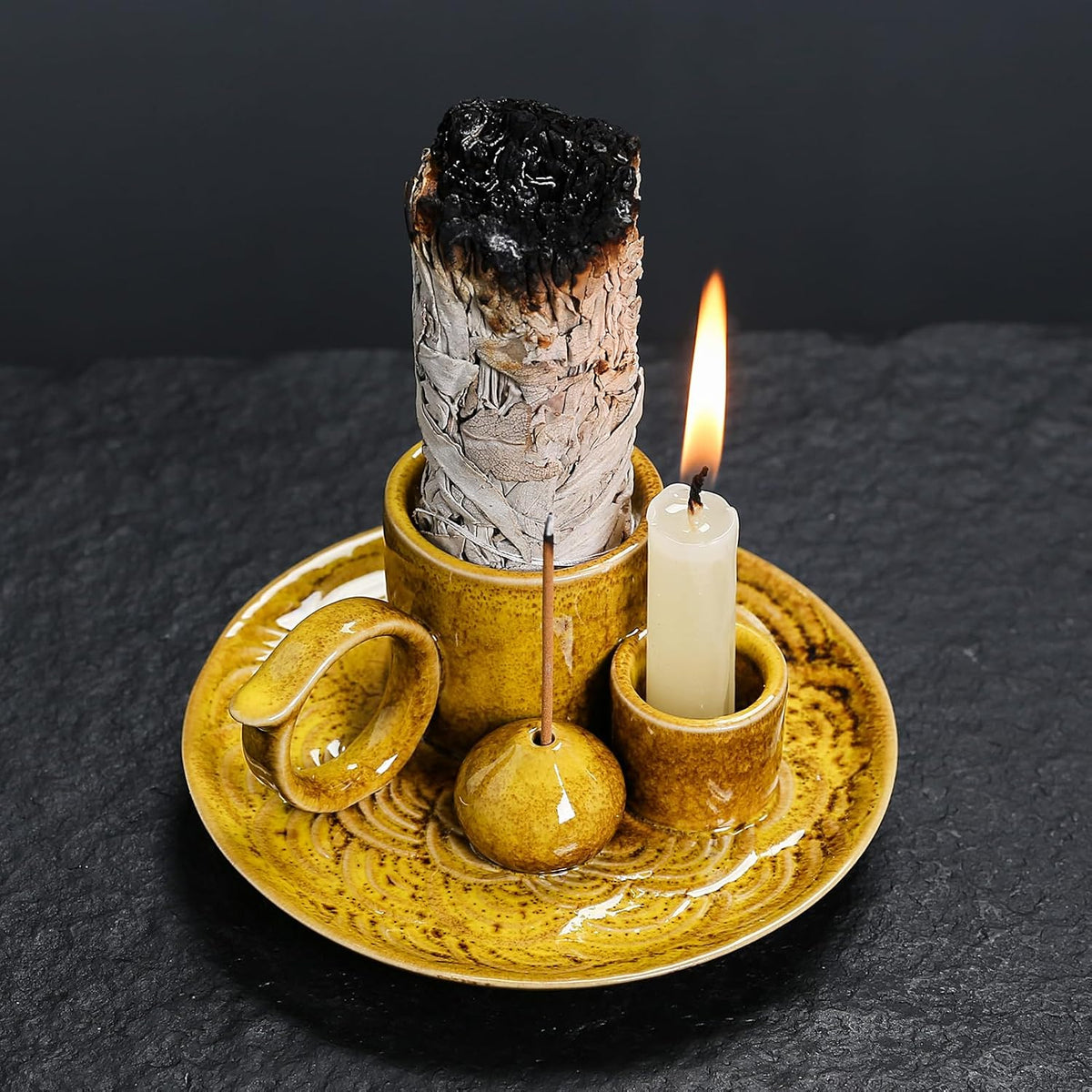 4 in 1 Ceramic Incense Burner Holder with Handle for Burning Sage, Palo Santo Stick, Joss Sticks, Candle in Your New House, Office, Yoga, Meditation Room (Speckled Blue)