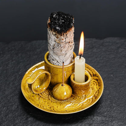 4 in 1 Ceramic Incense Burner Holder with Handle for Burning Sage, Palo Santo Stick, Joss Sticks, Candle in Your New House, Office, Yoga, Meditation Room (Speckled Blue)