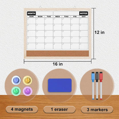 Monthly Calendar Dry Erase Board 16x12 Inch, Double-Sided Whiteboard and Corkboard Combo, Wall Mounted Planner Organizer with Markers, Magnets, Push Pins, Eraser, for Home Office School
