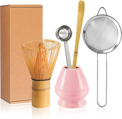 Matcha Whisk Set with Ceramic Bowl - Complete Matcha Making Kit, Bamboo Whisk (Chasen), Whisk Holder, Matcha Powder Sifter, Scoop, Japanese Tea Ceremony Tools（Green）
