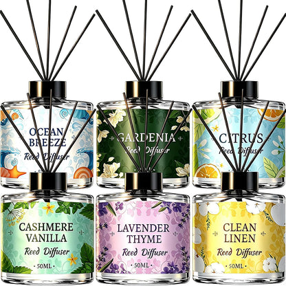 6 Pack Reed Diffuser Sets, Essential Oil Reed Diffusers for Home with 30 Sticks, Long Lasting Scent, Gift Ready Fragrance Diffuser for Bedroom, Bathroom, Office, Home Decor (1.69oz Each)