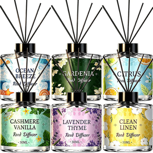 6 Pack Reed Diffuser Sets, Essential Oil Reed Diffusers for Home with 30 Sticks, Long Lasting Scent, Gift Ready Fragrance Diffuser for Bedroom, Bathroom, Office, Home Decor (1.69oz Each)