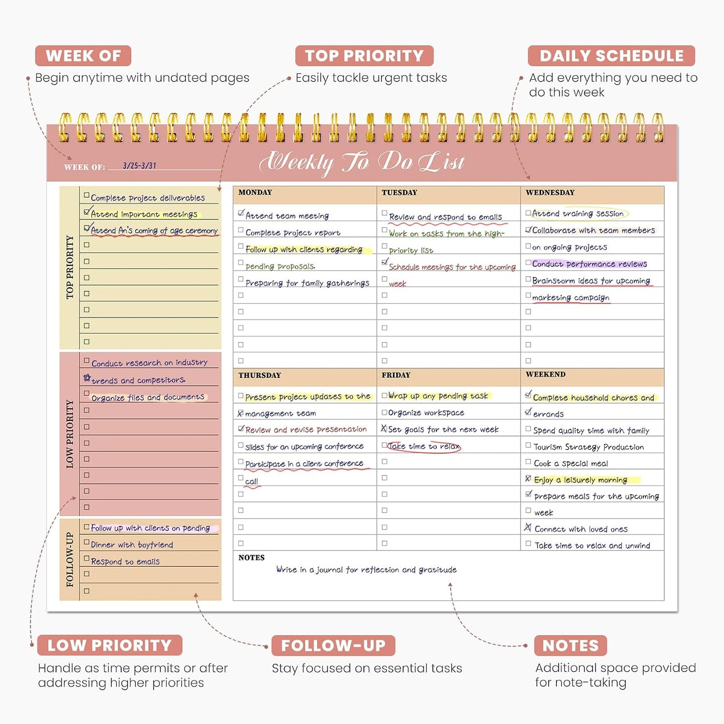 Weekly To Do List Notepad with 52 Undated Sheets（8.5"×11"）- Undated Weekly Planner Notepad for Office Desk Accessories and Supplies - Sunshine Petal