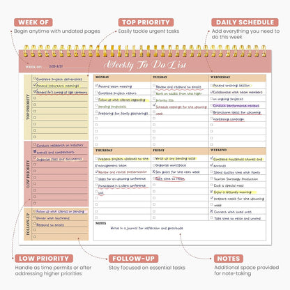 Weekly To Do List Notepad with 52 Undated Sheets（8.5"×11"）- Undated Weekly Planner Notepad for Office Desk Accessories and Supplies - Sunshine Petal