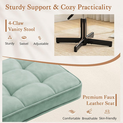 LUE BONA Adjustable Vanity Stool, Foot Rest Under Desk, 360° Swivel Vanity Chair for Makeup Room, Black Upholstered Faux Leather Ottoman for Bathroom & Living Room, 300lbs