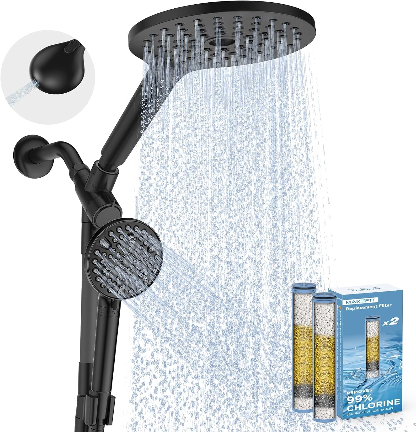 MakeFit Filtered Rain Shower Head with Handheld Combo High Pressure 12'' Rainfall Shower Heads & Hidden Detachable Wand Dual Showerhead Water Softener for Hard Water Easy Filter Replacement