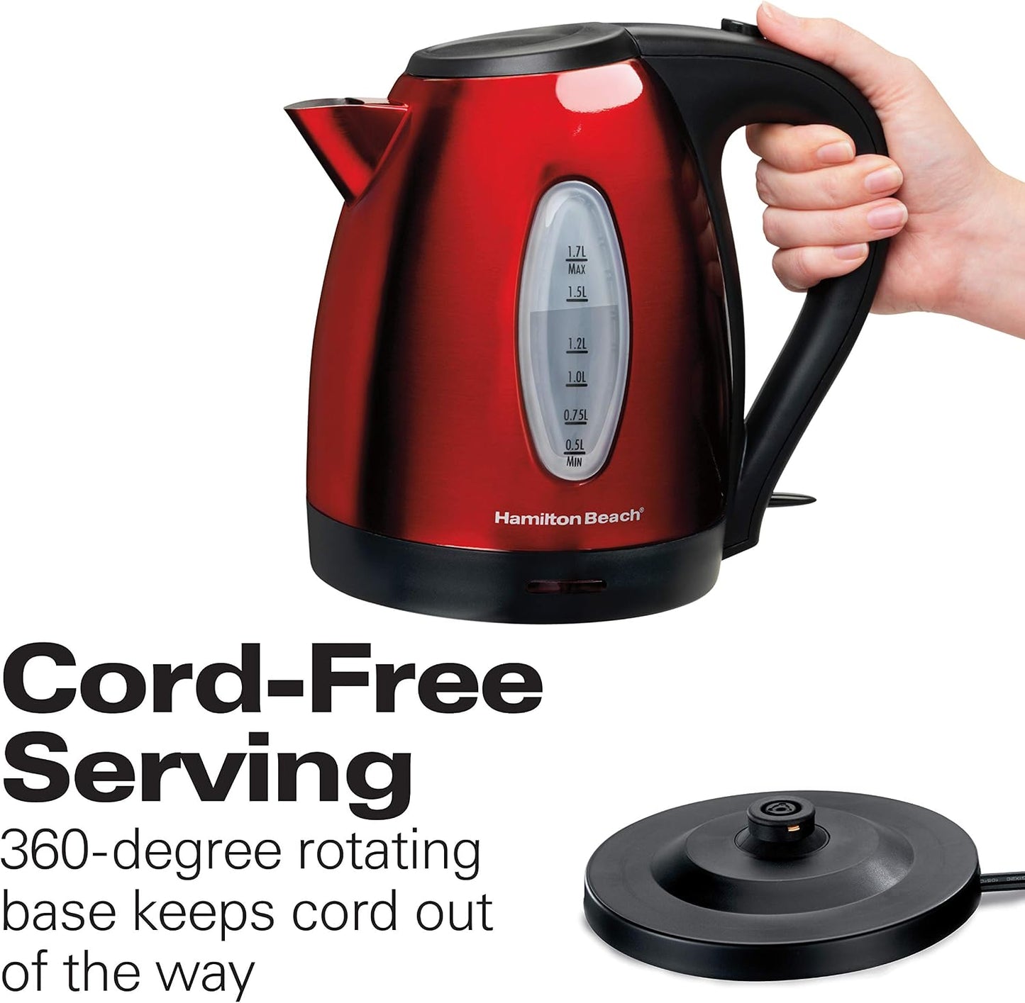 Hamilton Beach Electric Tea Kettle, Water Boiler & Heater, 1.7 Liter, Cordless Serving, 1500 Watts for Fast Boiling, Auto-Shutoff and Boil-Dry Protection, Stainless Steel (40880)