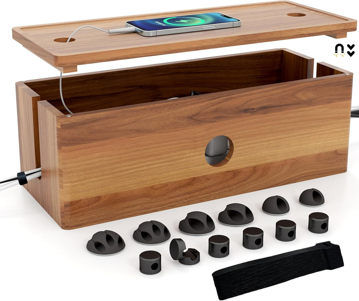 Large Cable Management Box Acacia Wood Cord Organizer Power Strip & Cables