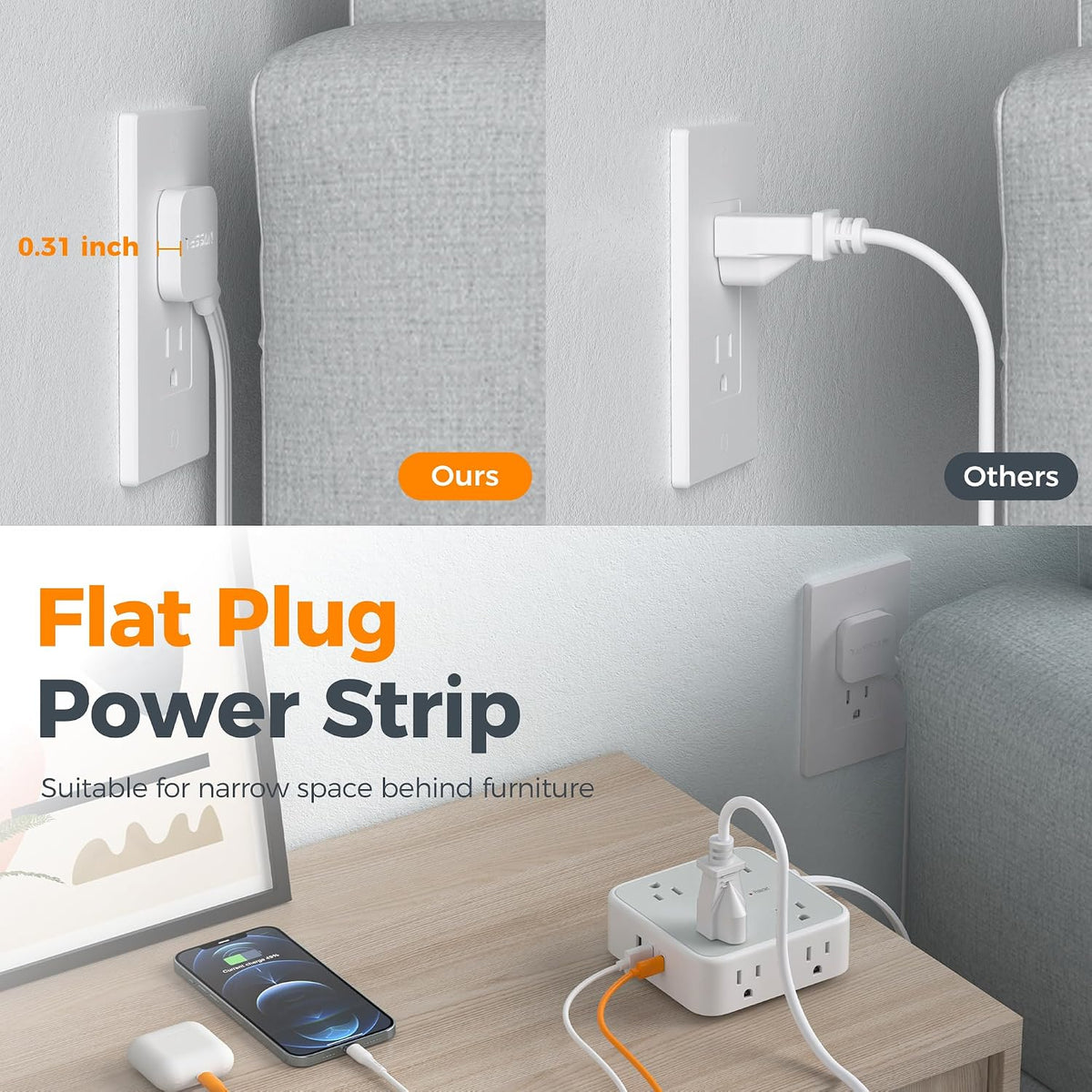TESSAN Surge Protector Power Strip with 900J Surge Protection, 5 Ft, Grey