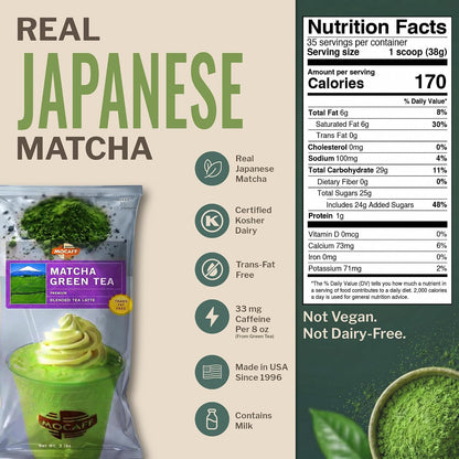 MOCAFE Matcha Green Tea Latte Powder Mix, 3lb Bulk Bag, 35 Servings | Instant Japanese Matcha Powder for Hot & Iced Lattes, Frappes, Boba & Smoothies, Coffee House Quality Sweet Blended Drink