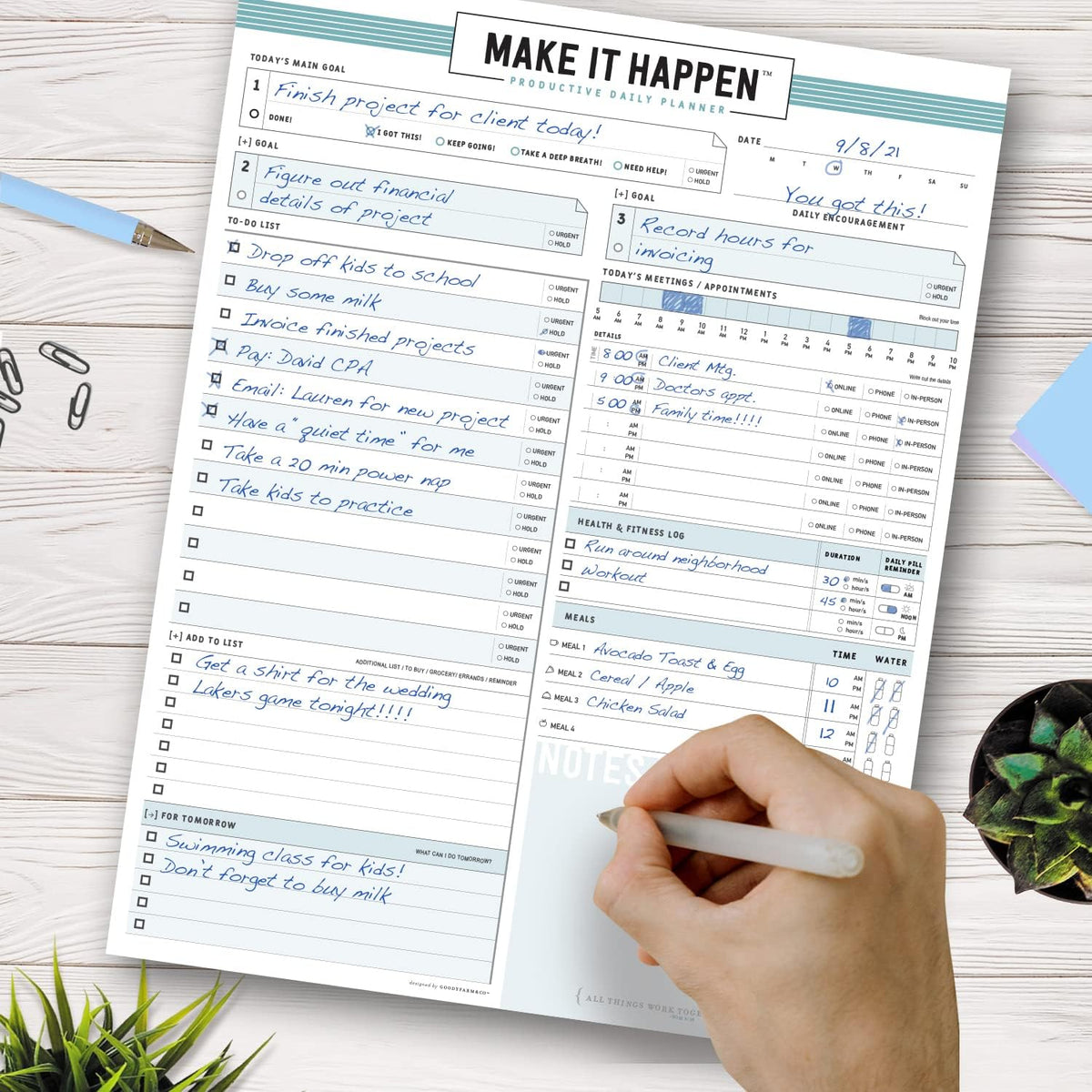 Daily Notepad Planner Basic Minimal To Do Productive List Pad- 50 Tear Off Premium Pad USA (Sea Foam Blue)