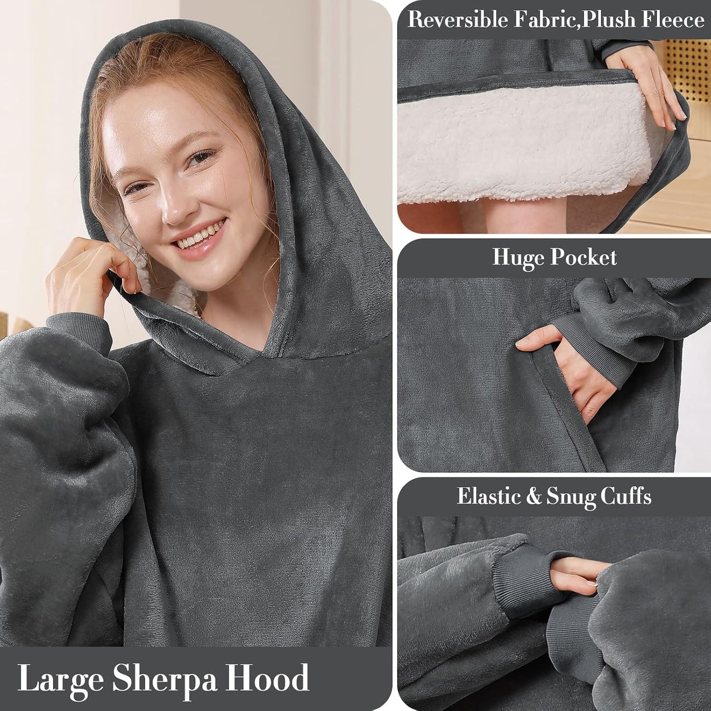 LetsFunny Blanket Hoodie,Oversized Wearable Sherpa Fleece Blanket Sweatshirt,Super Soft Warm Cozy with Giant Pocket,Gifts for Women Men Adults Teenagers, One Size Fits All