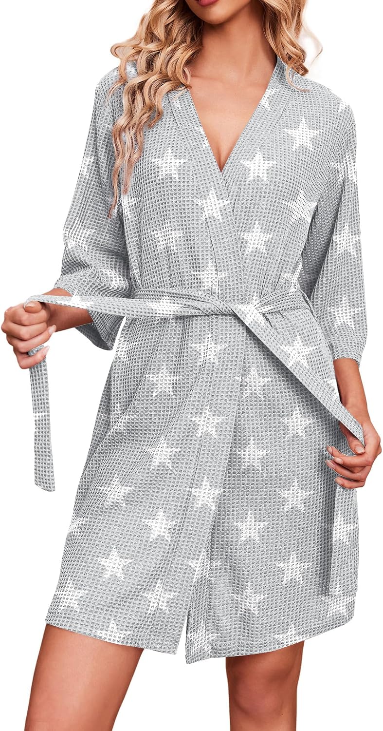 Ekouaer Robes for Women Waffle Knit Bathrobe Soft Lightweight Knee Length Loungewear S-XXL