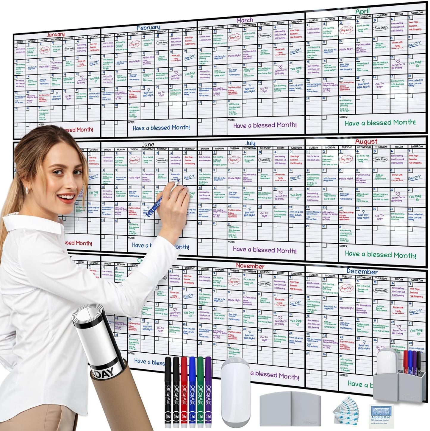 Large Dry Erase Calendar for Wall 36x48, Big Classroom Giant Month, Undated Reusable Family Monthly, Rolled Whiteboard White Board, Calendar Dry Erase Planner for Wall Erasable Large Office 48x36