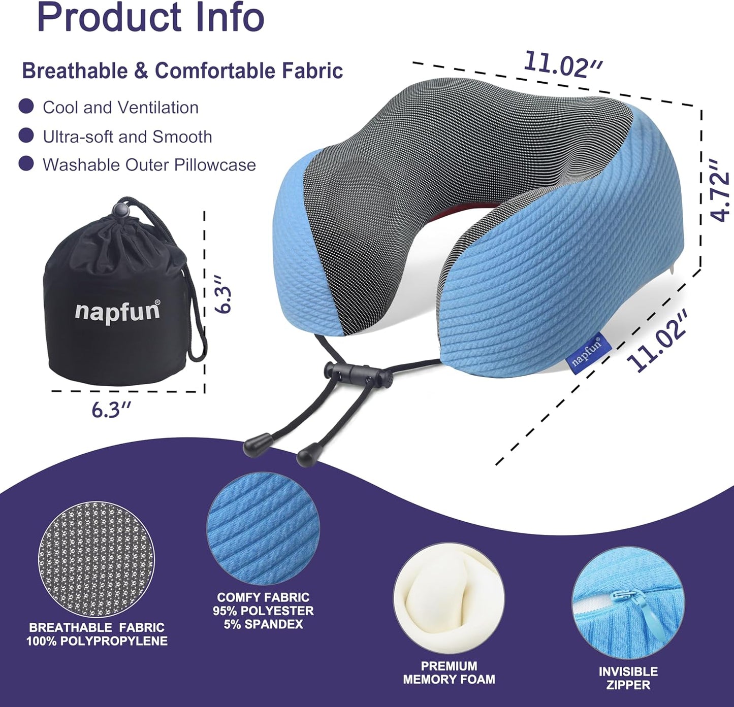 napfun Neck Pillow for Traveling, Upgraded Travel Neck Pillow for Airplane 100% Pure Memory Foam Travel Pillow for Flight Headrest Sleep, Portable Plane Accessories, Light Grey