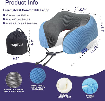 napfun Neck Pillow for Traveling, Upgraded Travel Neck Pillow for Airplane 100% Pure Memory Foam Travel Pillow for Flight Headrest Sleep, Portable Plane Accessories, Light Grey
