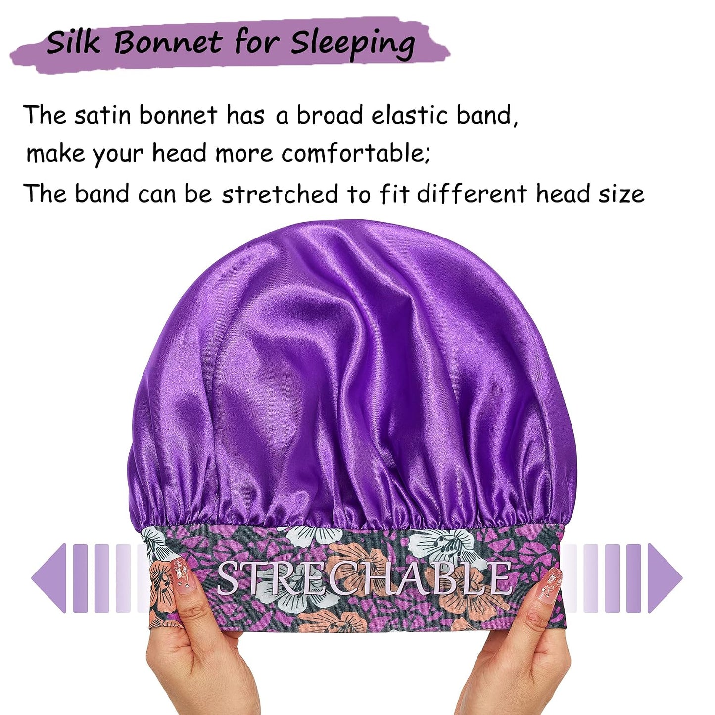 3 Pack Satin Bonnet Silk Hair Bonnet for Sleeping, Sleep Bonnets for Women Large Wide Soft Band Sleep Cap for Curly Hair Braids