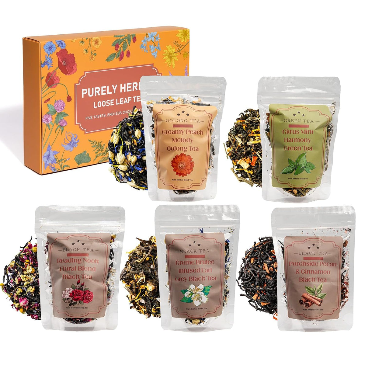 Loose Leaf Tea Sampler, 5 Natural Assorted Tea Gift Set For Tea Lovers
