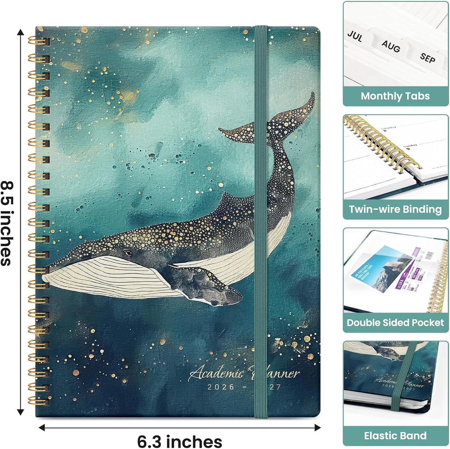 Planner 2026-2027, Academic Monthly and Weekly Calendar Planner for Women, July 2026 - June 2027, Hardcover Pretty Agenda Planner Book with Tabs, Spiral Daily Organizer for School Office Home Supplies, 6.3" x 8.5" - Blue Floral