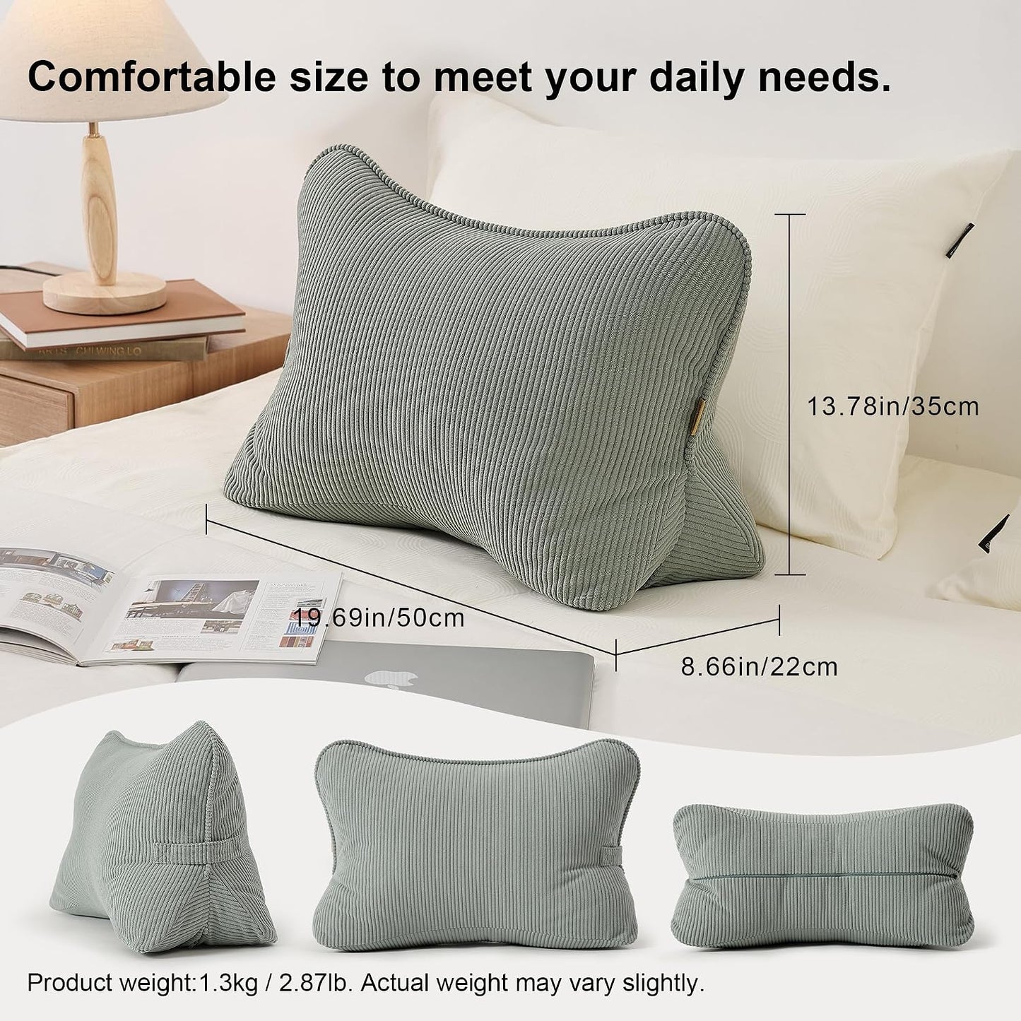 Pat. Pend. Corduroy Lumbar Support Back Pillow for Watching TV, Reading & Gaming, Ergonomic Triangle Support Cushion for Sofa, Armchair & Bed Sitting, Removable Washable Cover, Beige Gray