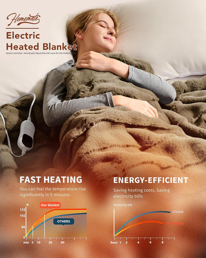 Homemate Electric Heated Blanket Twin - 62"x84" Heating Bed Blankets Throw with 10 Heating Levels 8 Hours Auto Off Fast Heating Over-Heated Protection Ultra Soft Warm Flannel ETL Certified Grey - Colors B