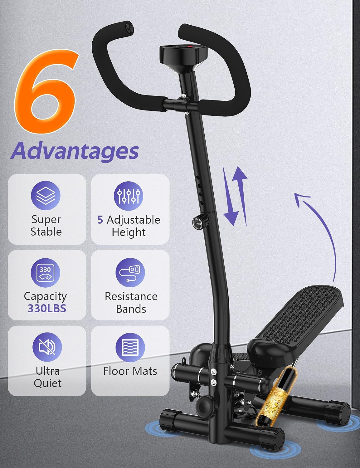 Amicus Mini Stepper with Handlebar for Exercise, Stair Stepper with Resistance Band, Hydraulic Fitness Stepper Machine for Home, 330lbs Weight Capacity
