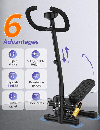 Amicus Mini Stepper with Handlebar for Exercise, Stair Stepper with Resistance Band, Hydraulic Fitness Stepper Machine for Home, 330lbs Weight Capacity