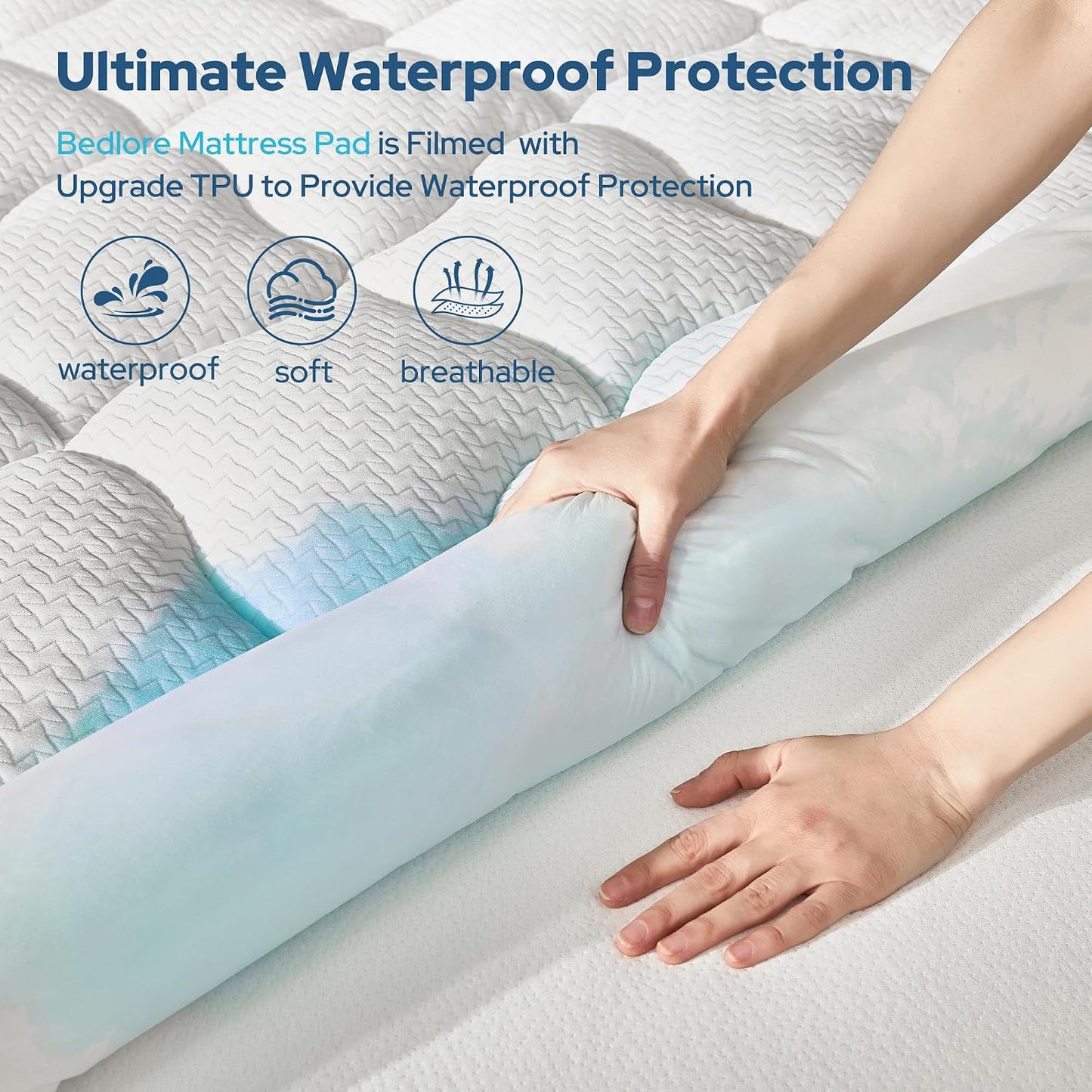 BEDLORE Waterproof Queen Mattress Pad, Breathable Mattress Protector with 6-18 Inch Deep Pocket, Quilted Fitted Mattress Topper Bed Cover, Noiseless & Machine Washable