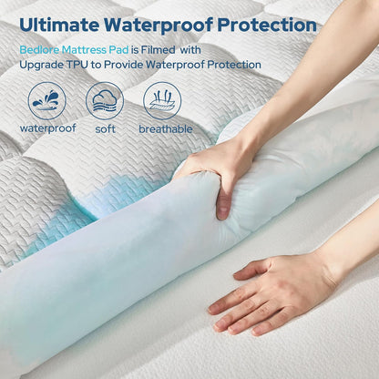 BEDLORE Waterproof Queen Mattress Pad, Breathable Mattress Protector with 6-18 Inch Deep Pocket, Quilted Fitted Mattress Topper Bed Cover, Noiseless & Machine Washable