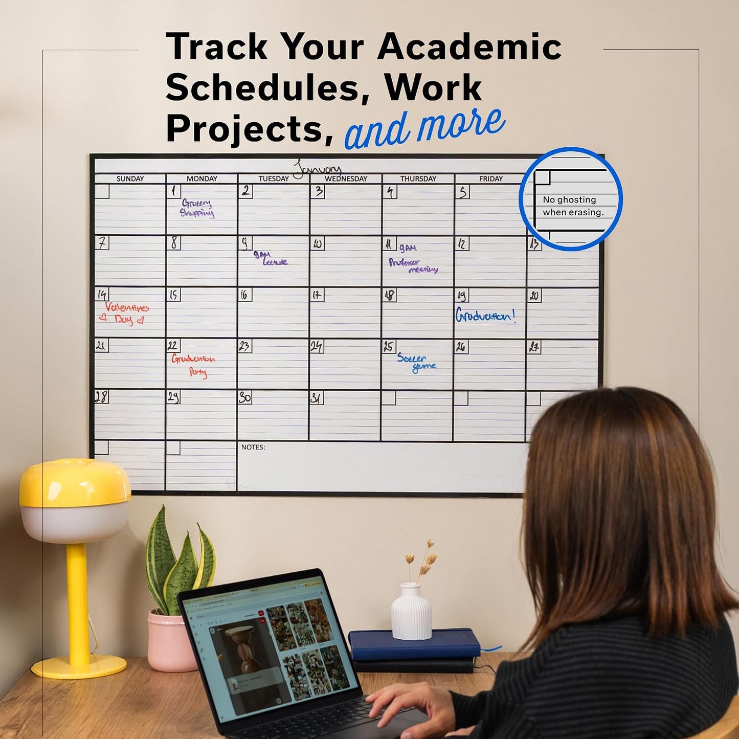 Large Dry Erase Calendar for Wall 36x48, Big Classroom Giant Month, Undated Reusable Family Monthly, Rolled Whiteboard White Board, Calendar Dry Erase Planner for Wall Erasable Large Office 48x36