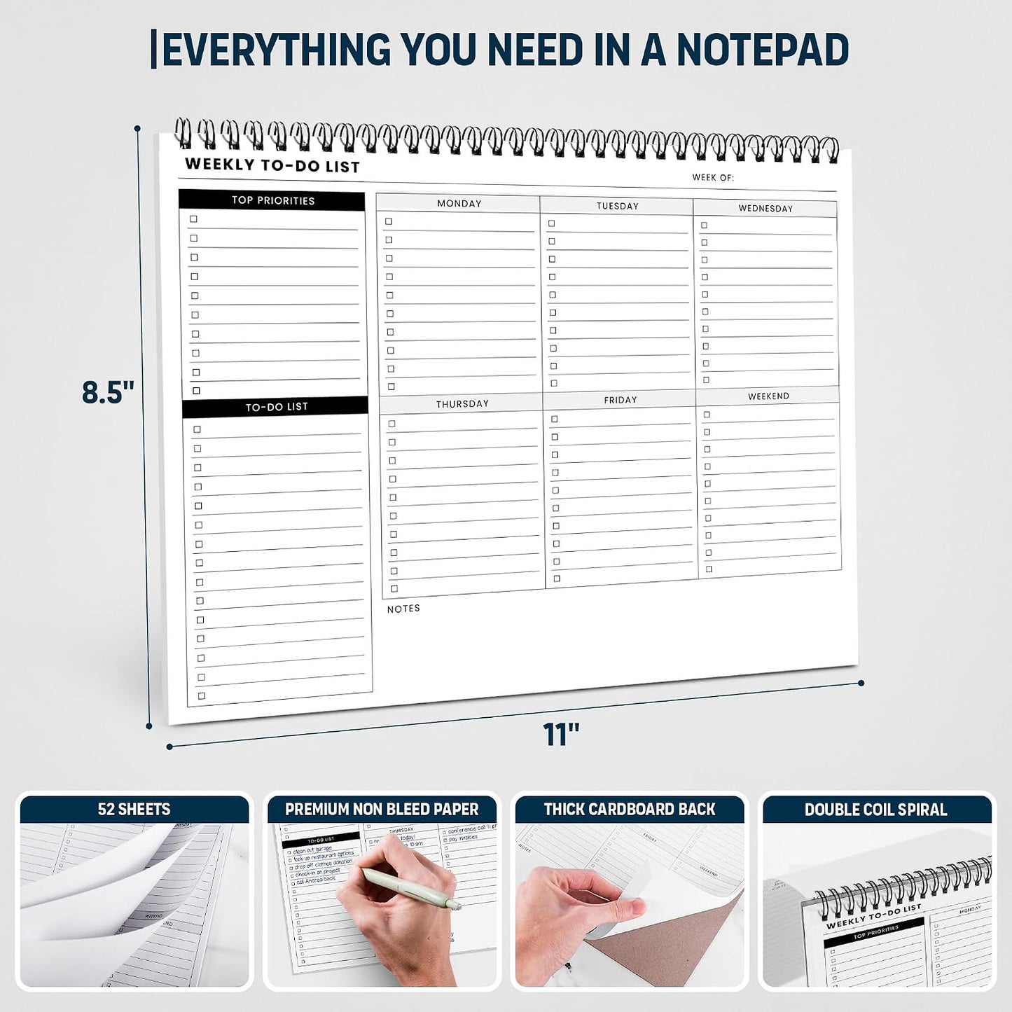 Weekly Planner Pad: To Do List Desk Notepad with Multiple Sections - 8.5x11" 52 Sheets - Undated Tear Off Notebook Calendar - Habit Planning Tracker, Task Goal Checklist Organizer - Agenda Plan Pad