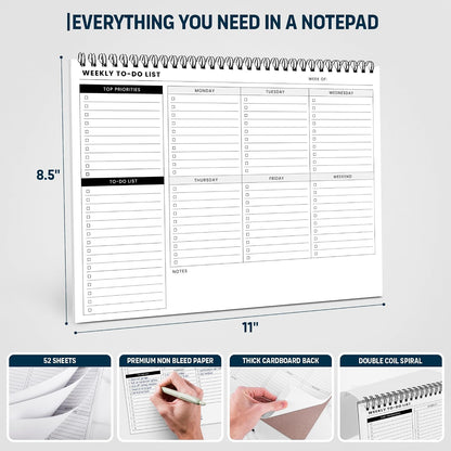 Weekly Planner Pad: To Do List Desk Notepad with Multiple Sections - 8.5x11" 52 Sheets - Undated Tear Off Notebook Calendar - Habit Planning Tracker, Task Goal Checklist Organizer - Agenda Plan Pad