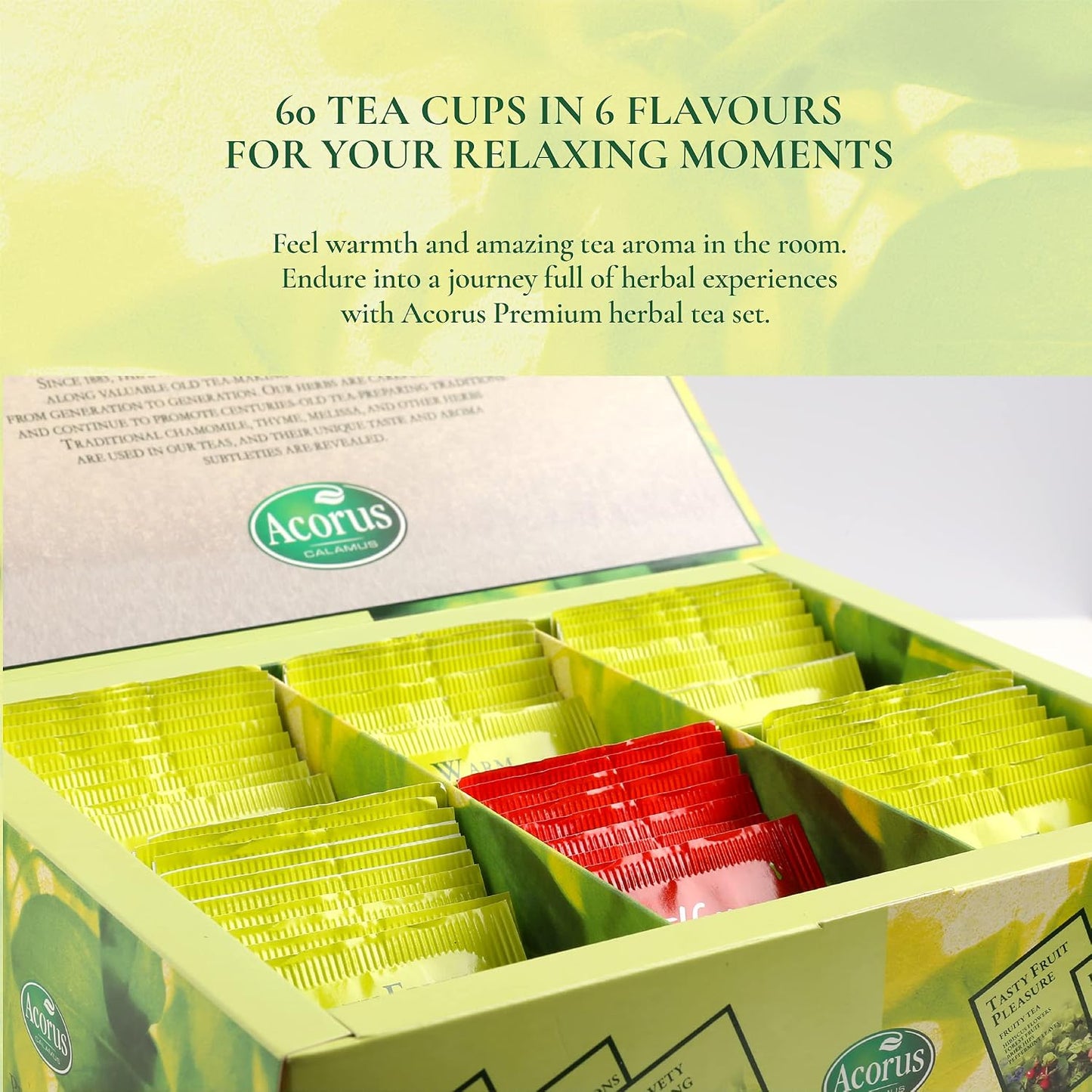 ACORUS Rituals Tea Set - Natural Fruit and Herbal Variety Pack, Tea Gift Set of 6 Different Teas, Sampler of 60 Bags Individually Wrapped