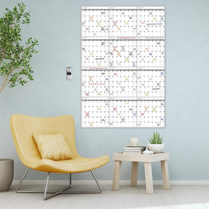 Dry Erase Wall Calendar - 38x26 Inches - Blank Undated Yearly Calendar - Whiteboard Premium Laminated Planner - Reusable Laminated Office Jumbo 12-Month Calendar (Vertical)