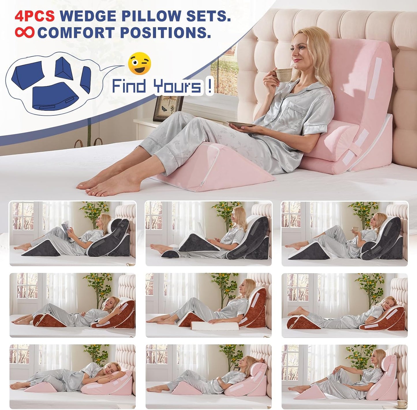 4PCS Orthopedic Bed Wedge Pillow Set for Sleeping, Post Surgery Foam Support Pillows for Back, Neck and Leg Pain Relief, Adjustable Triangle Pillow – Acid Reflux, GERD & Snoring Recovery, White Grey