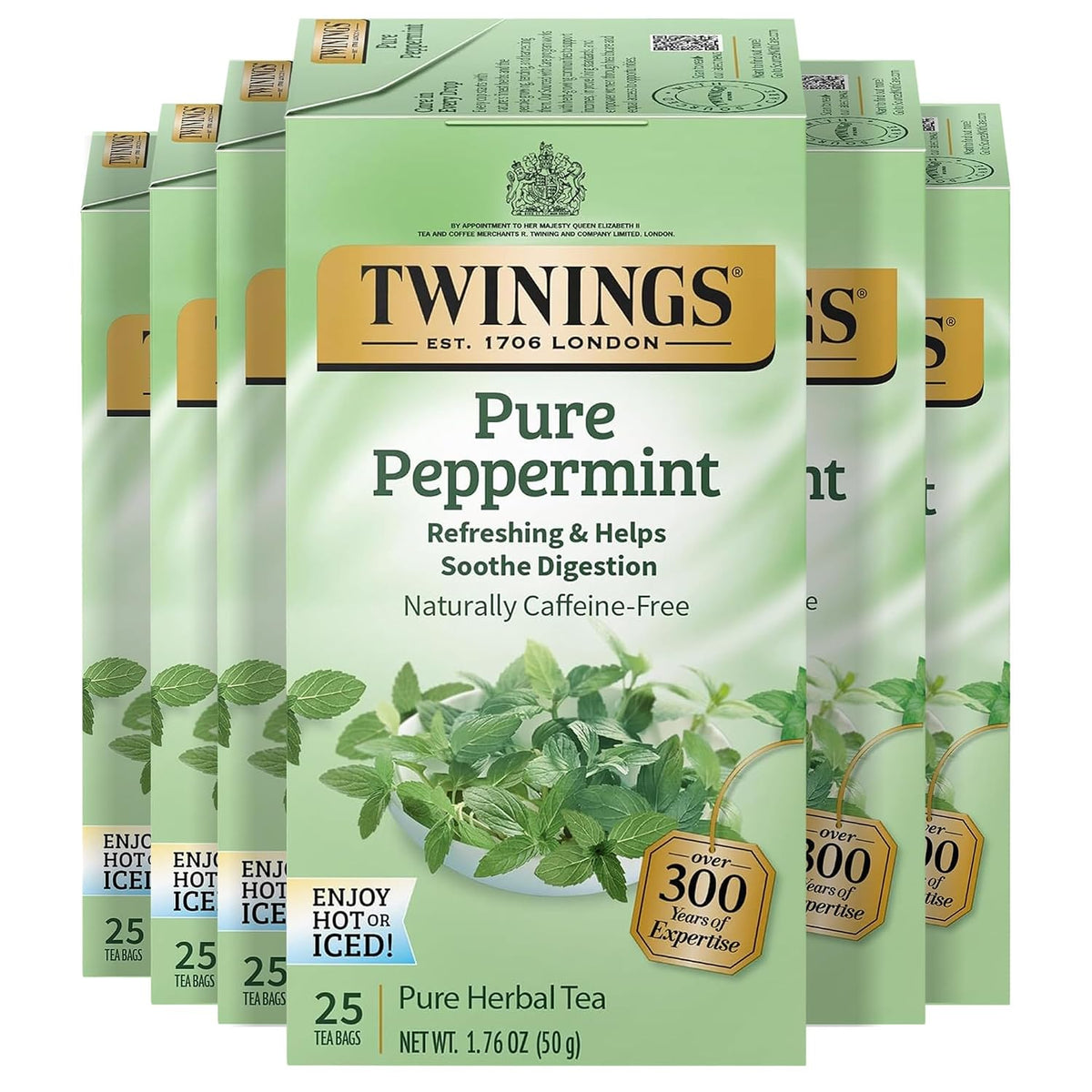 Twinings Pure Peppermint Caffeine-Free Herbal Tea Bags, 25 CT Box (6 Pack)