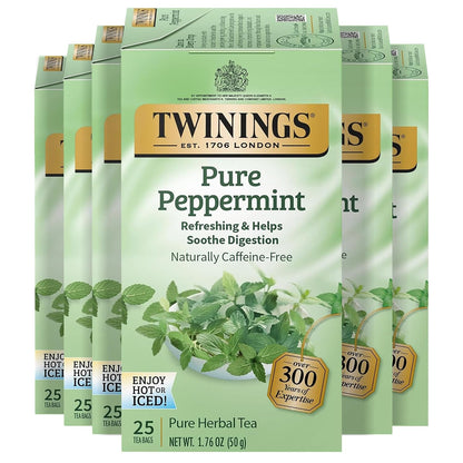 Twinings Pure Peppermint Caffeine-Free Herbal Tea Bags, 25 CT Box (6 Pack)