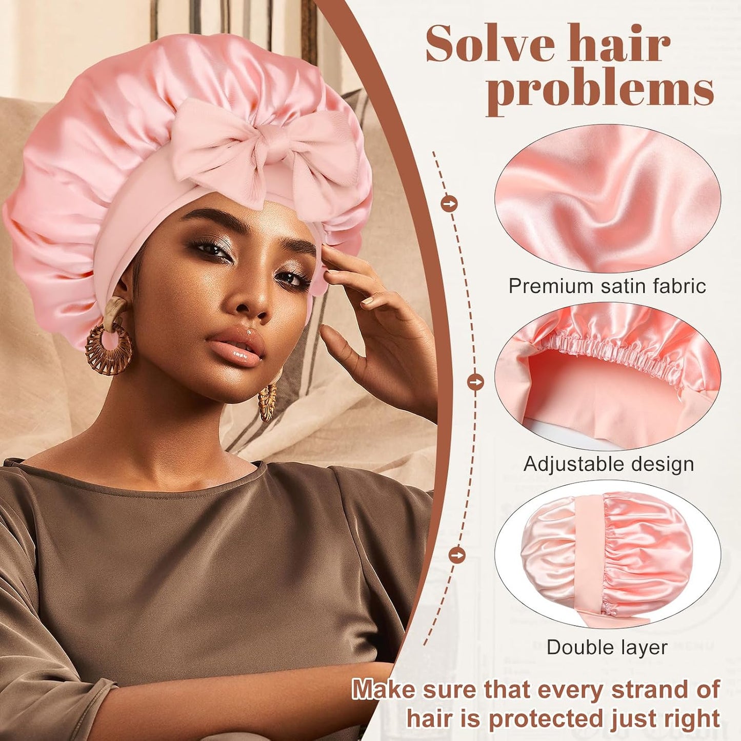 Satin Bonnet for Sleeping Cap Double Layer Hair Bonnet with Elastic Tie Band for Curly Hair Night Cap (Bean Paste + Pink)