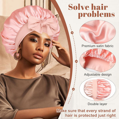 Satin Bonnet for Sleeping Cap Double Layer Hair Bonnet with Elastic Tie Band for Curly Hair Night Cap (Bean Paste + Pink)