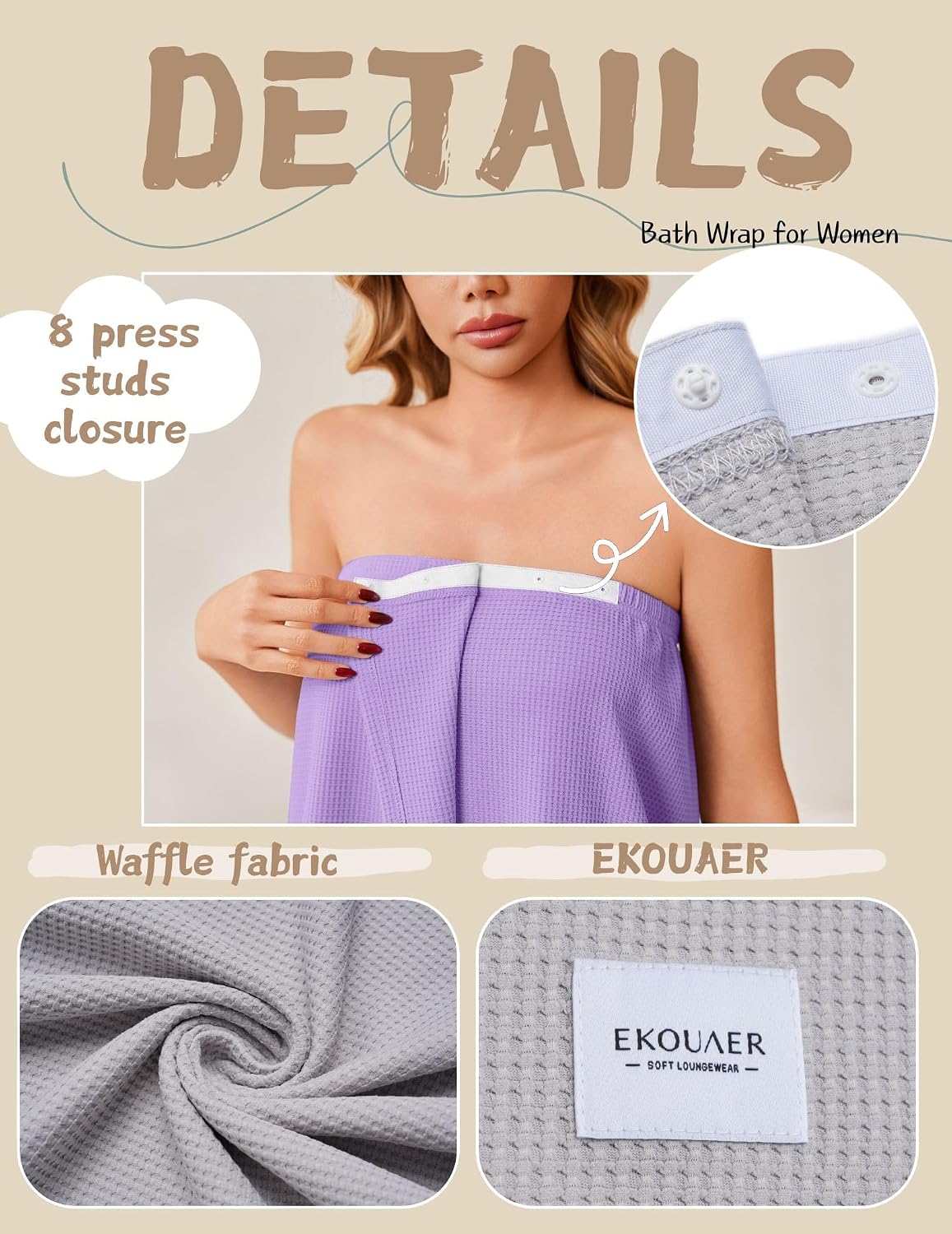 Ekouaer Waffle Robes Towel Wrap for Women Bath Wrap Lightweight Spa Robe