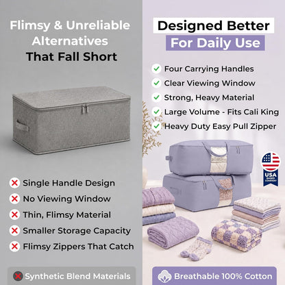 Soft Canvas Storage Bags with Zipper. Thick Breathable, 2pc King/Queen Comforter Organizer. Four Carrying Handles and Window. Large 25x19x9in Bag for Sheets Blankets Bedding Pillows, Clothes