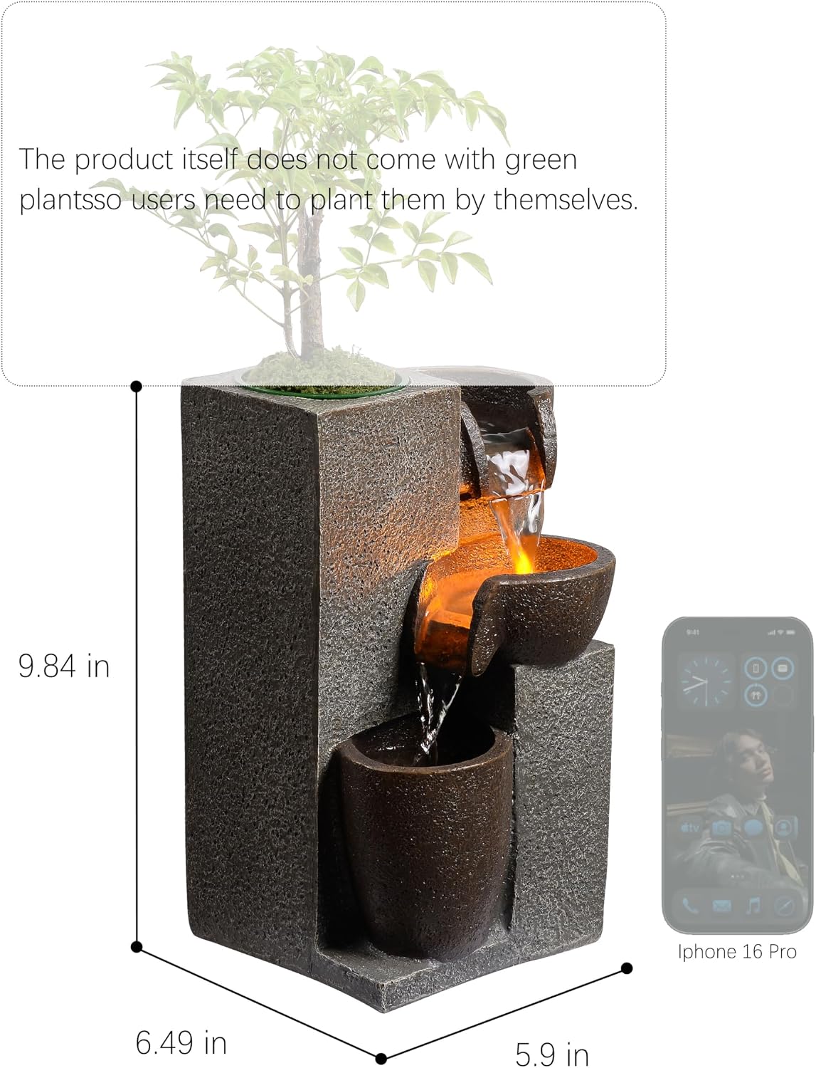 Resin Tabletop Waterfall Fountain with LED Light & Plant Pot, Indoor Desk Water Fountains for Home Office Decor (22028N)