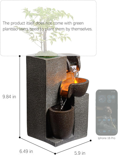 Resin Tabletop Waterfall Fountain with LED Light & Plant Pot, Indoor Desk Water Fountains for Home Office Decor (22028N)