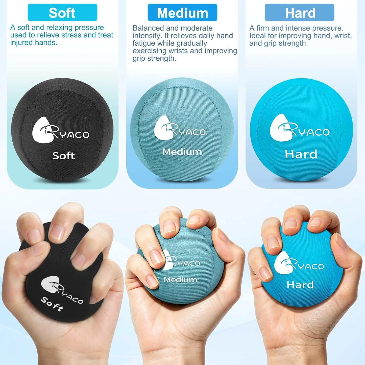 Ryaco Stress Balls for Adults, Balls for Hand Therapy, Relief Anxiety Stress Ball, Physical Therapy Fidget Stress Ball, Hand Exercise Ball for Grip Strength, Tri-Density Stress Balls