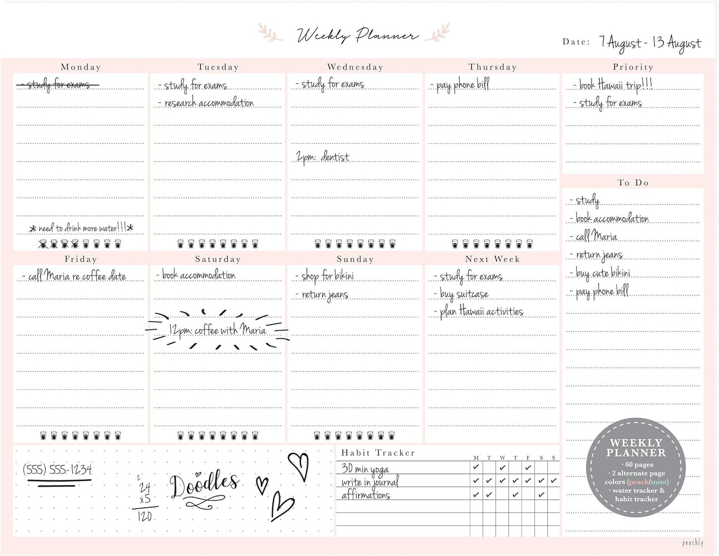 Peachly Desktop Weekly Planner Notepad | 60 Undated Tear-Off Pages | Schedule Daily To-Do Lists | Increase Your Productivity In Less Than 5 Minutes A Week | Achieve Your Goals | Peach and Mint Fern